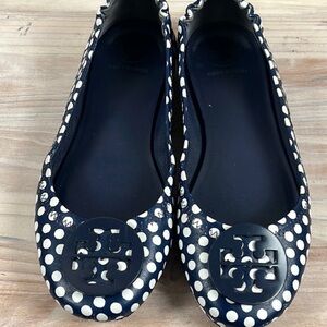 Tory Burch Navy Blue and White Polka Dot Flats
